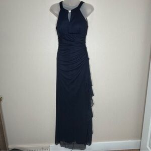 Betsy & Adam Navy Blue Ruffle side ruched Floor length gown evening dress size 4